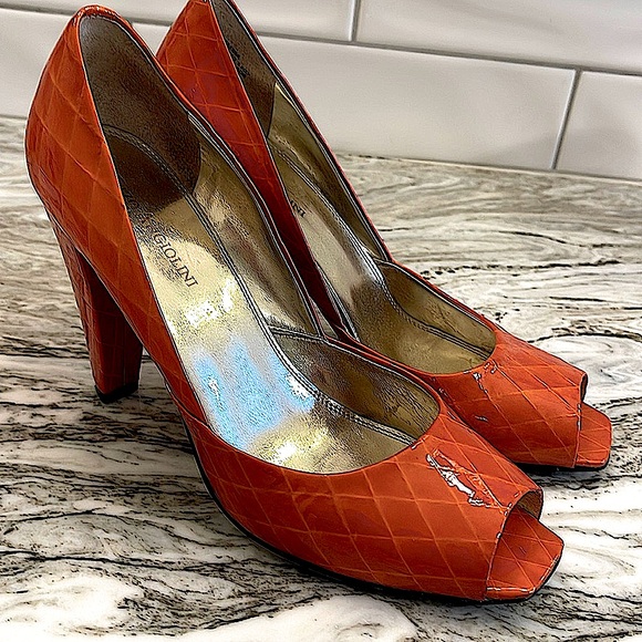 ENZO ANGIOLINI Open Toe Patin Leather Pump/Diamond Pattern/Tangerine - Picture 1 of 12